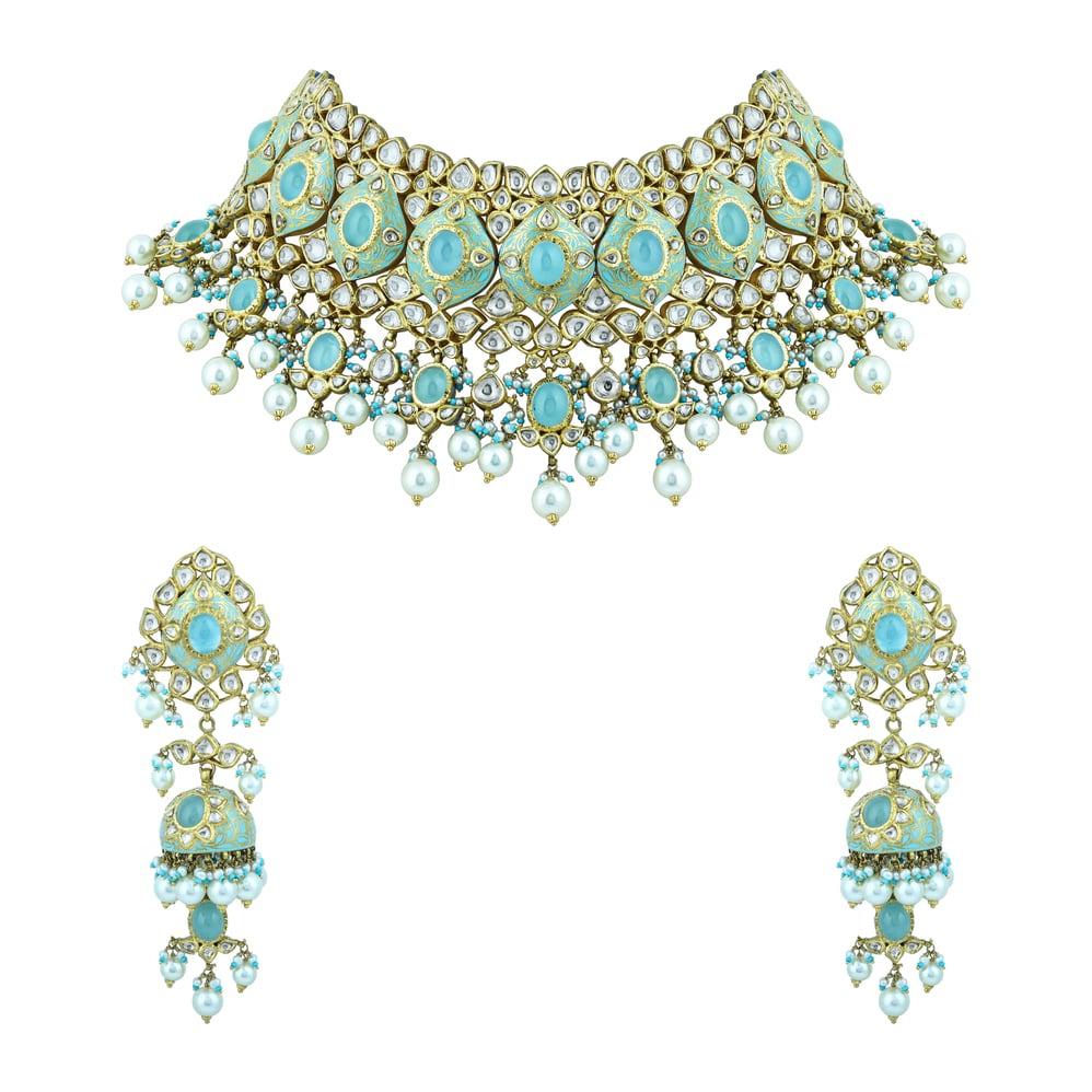 Turquoise Enamel Choker Set with Teardrop Polki and Pearl Clusters