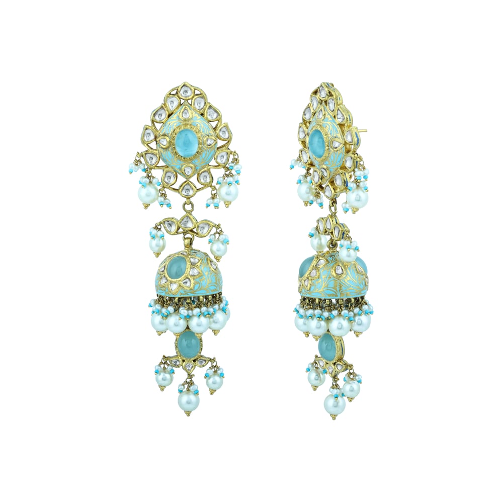 Turquoise Enamel Choker Set with Teardrop Polki and Pearl Clusters
