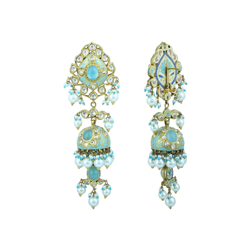 Turquoise Enamel Choker Set with Teardrop Polki and Pearl Clusters