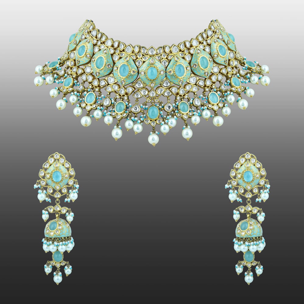 Turquoise Enamel Choker Set with Teardrop Polki and Pearl Clusters