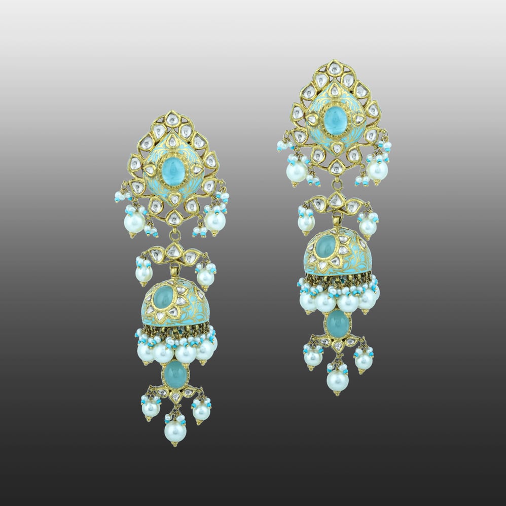 Turquoise Enamel Choker Set with Teardrop Polki and Pearl Clusters