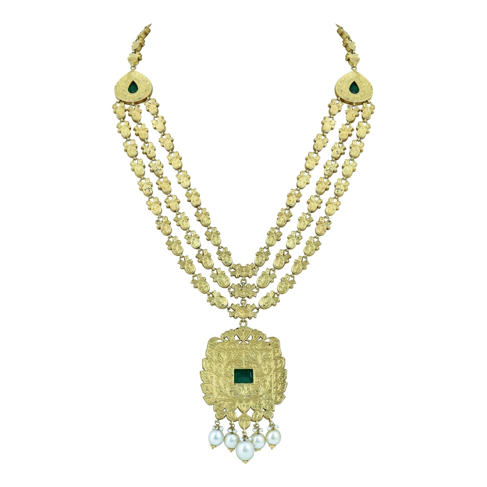 Triple-Line Necklace Set with Polkis, Emerald Pendant & Pearls