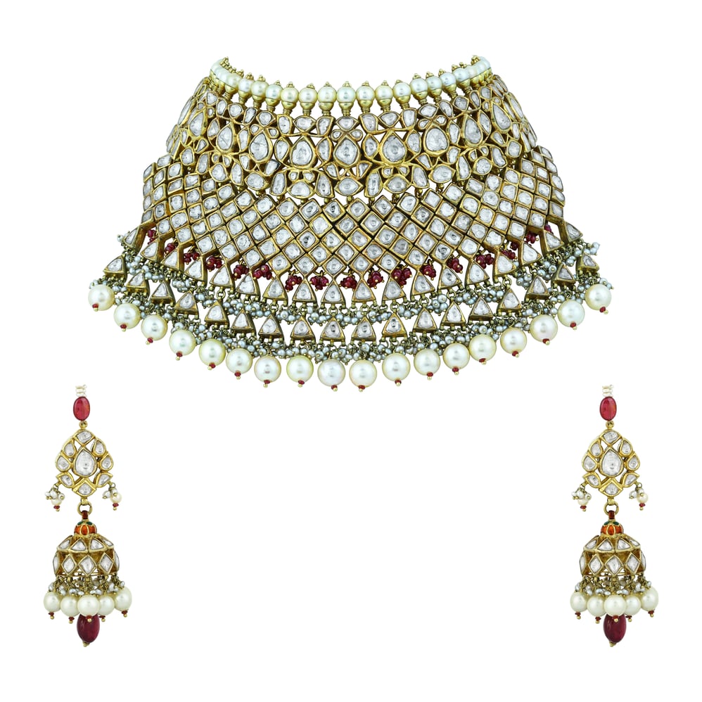 Layered Choker Set with Red Accents and Polki Lattice