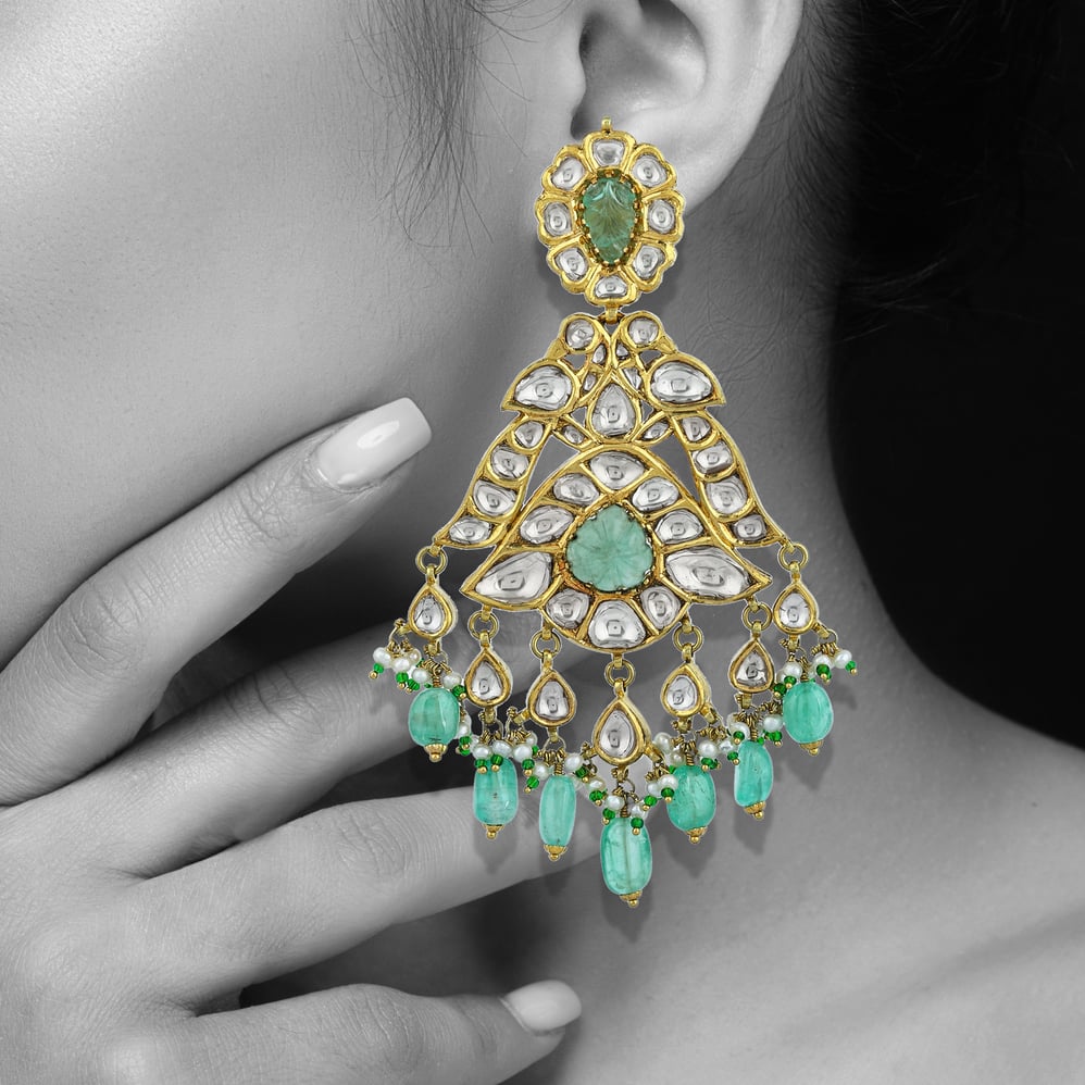 Chandbali Choker Set with Polki, Green Beads, and Drops