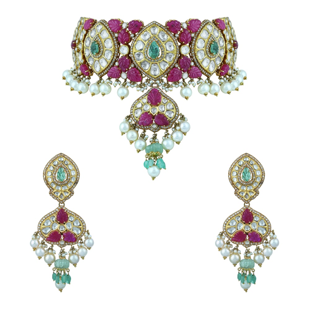 Ruby, Diamond & Emerald Choker Set with Pearl Drops