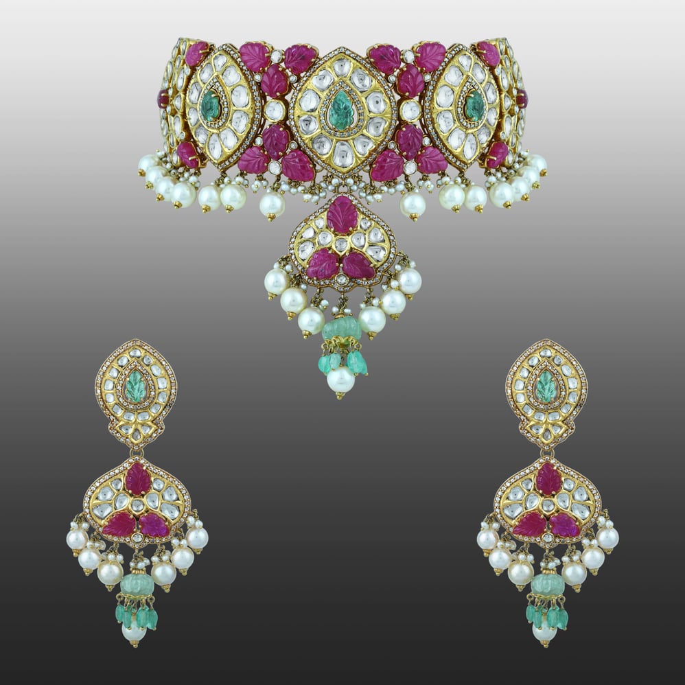 Ruby, Diamond & Emerald Choker Set with Pearl Drops