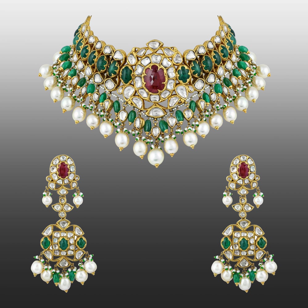 Red and Green Floral Cabochon Choker Set with Pearl Drops