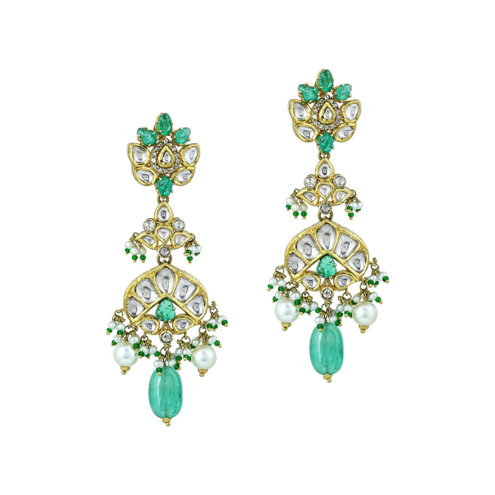 Pendant Necklace Set with Uncut Diamond Polki ,Green Tumble and Pearls