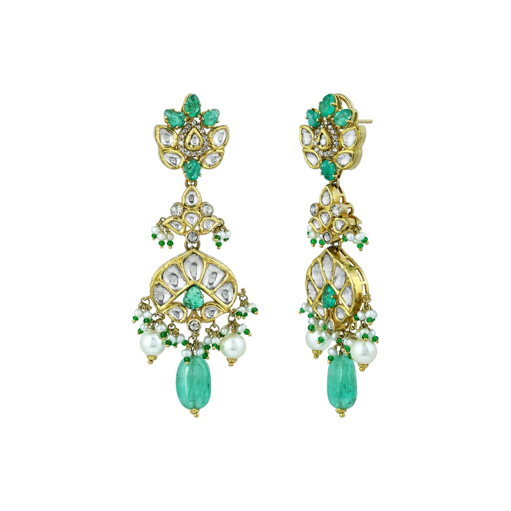 Pendant Necklace Set with Uncut Diamond Polki ,Green Tumble and Pearls