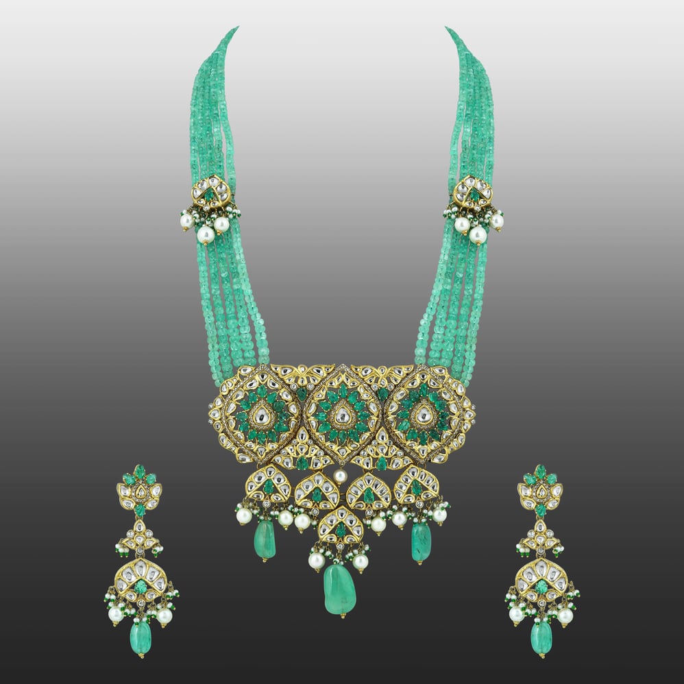 Pendant Necklace Set with Uncut Diamond Polki ,Green Tumble and Pearls