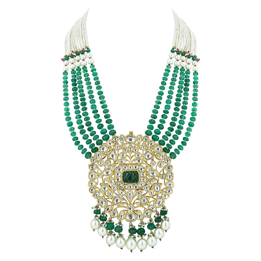 Emerald Melon Bead Necklace with Polki, Pearl Strands and Drops