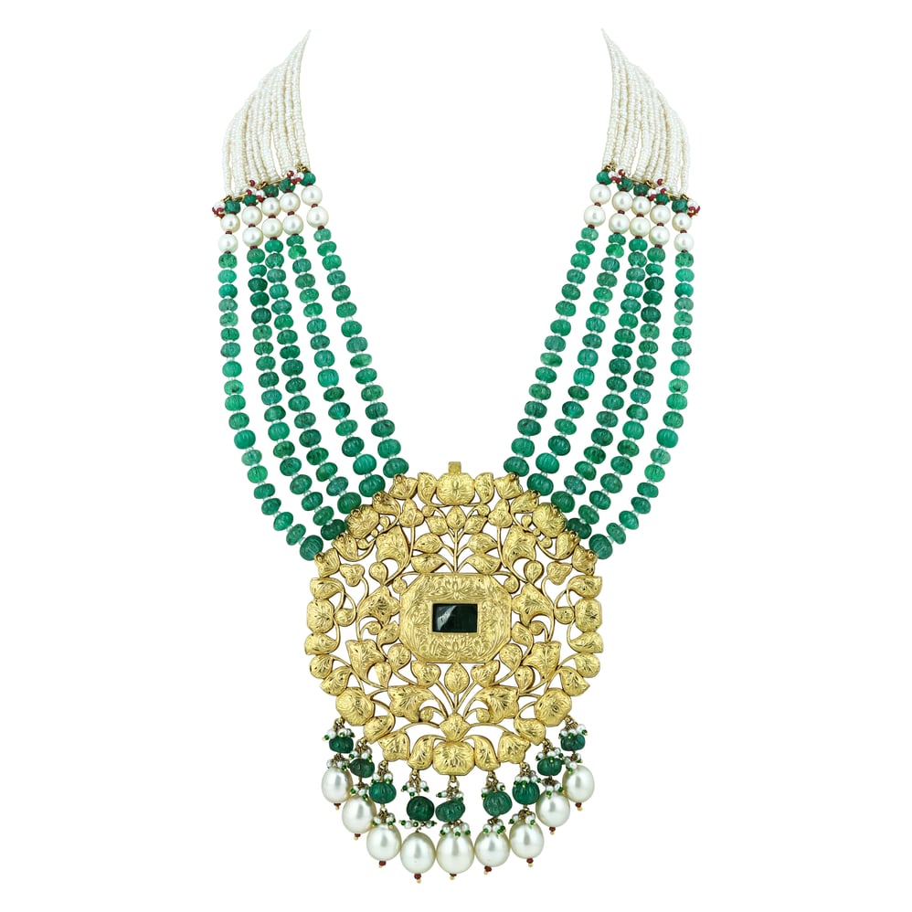 Emerald Melon Bead Necklace with Polki, Pearl Strands and Drops
