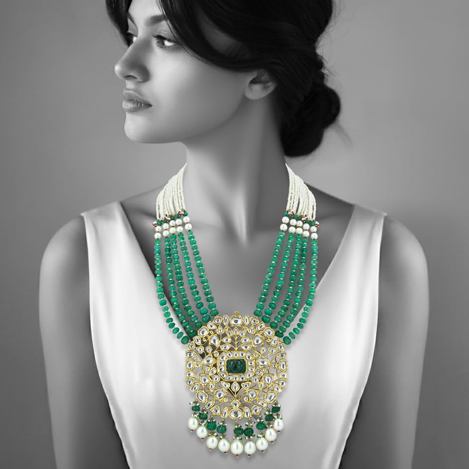 Emerald Melon Bead Necklace with Polki, Pearl Strands and Drops