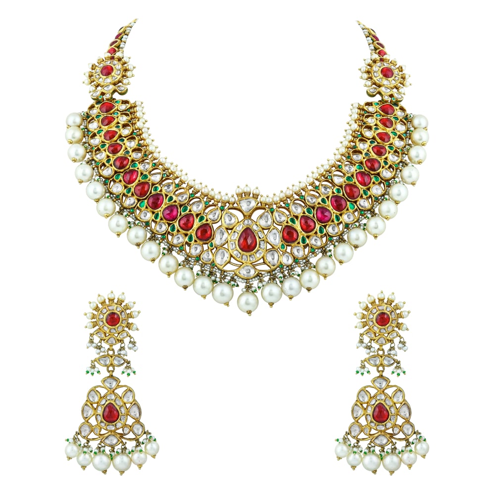 Red Stone Necklace Set with Polkis & Pearl Drops