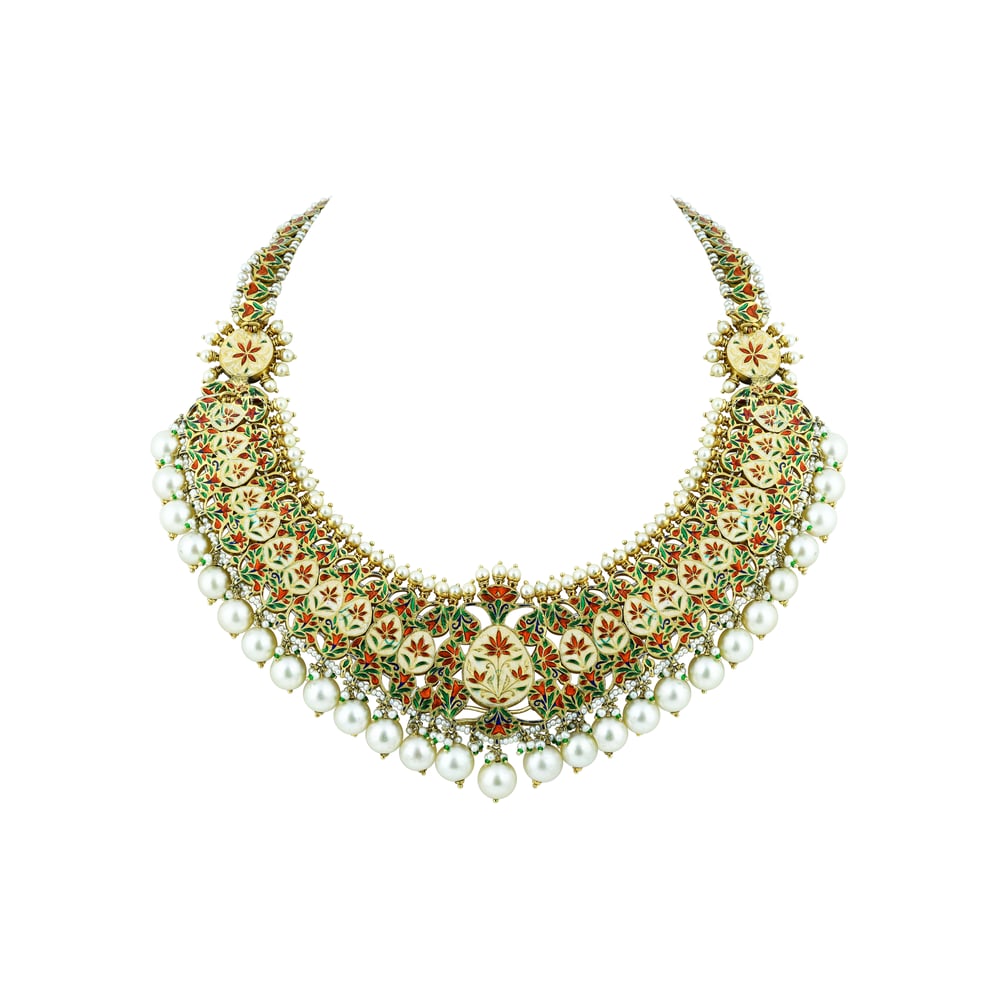 Red Stone Necklace Set with Polkis & Pearl Drops