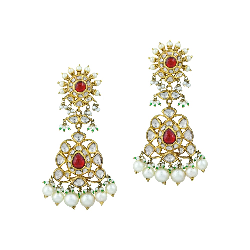 Red Stone Necklace Set with Polkis & Pearl Drops
