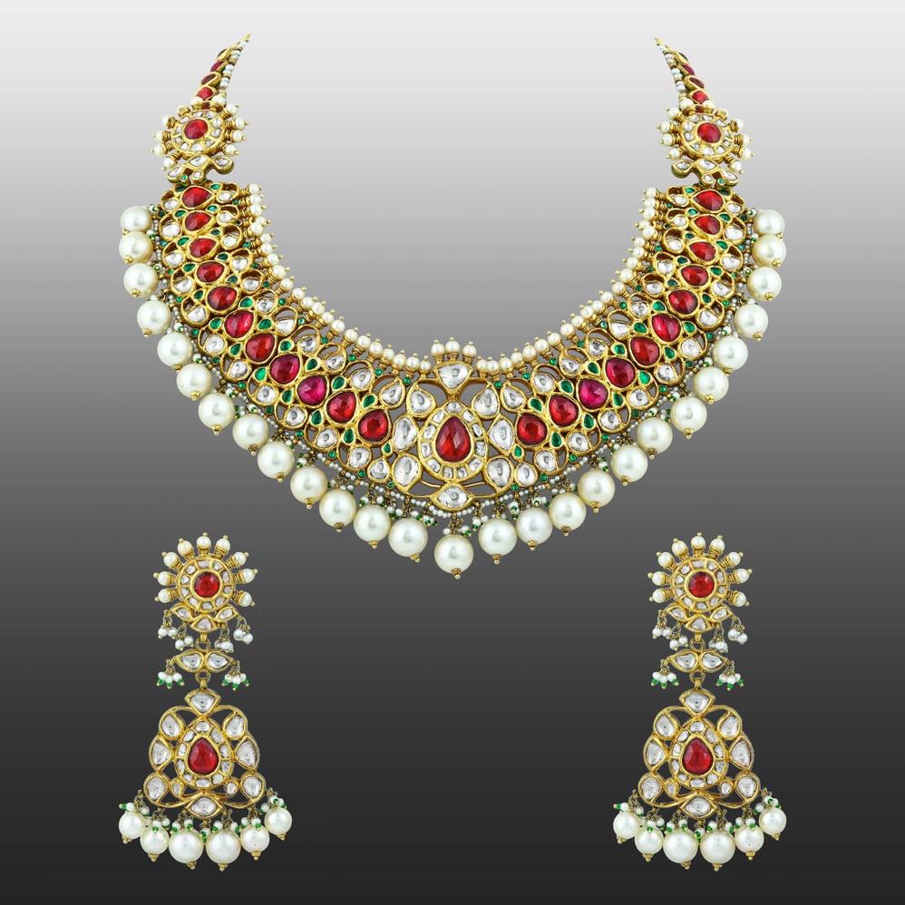 Red Stone Necklace Set with Polkis & Pearl Drops