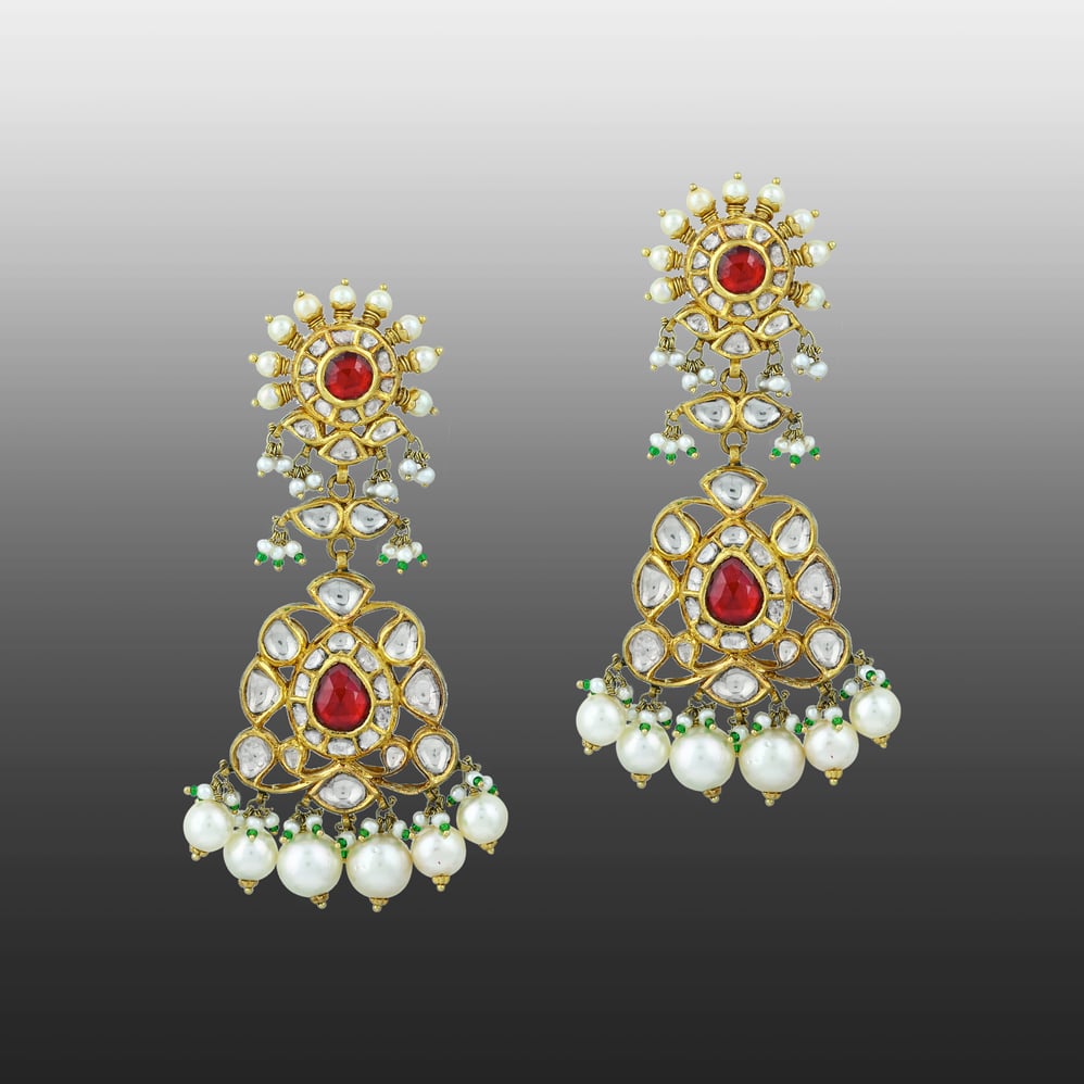 Red Stone Necklace Set with Polkis & Pearl Drops