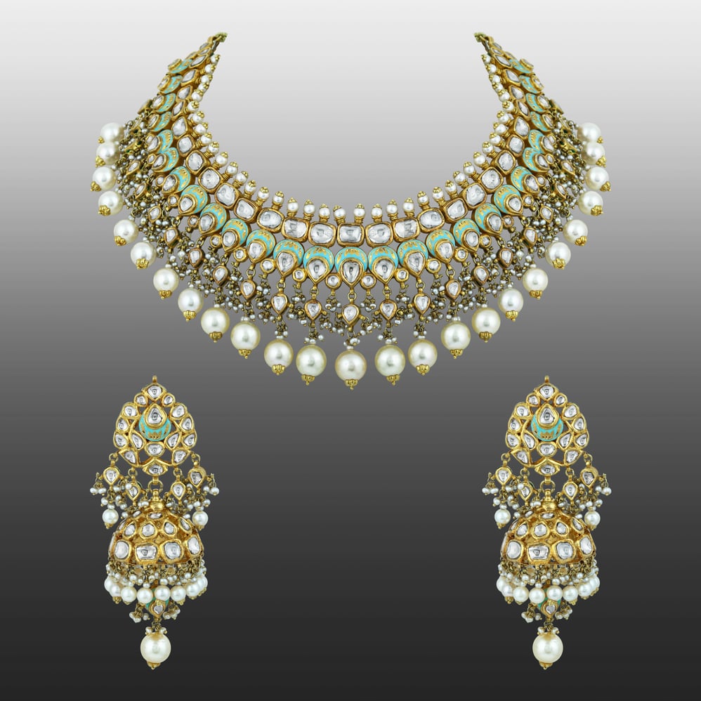 Mint Meenakari Necklace Set with Polki & Pearls