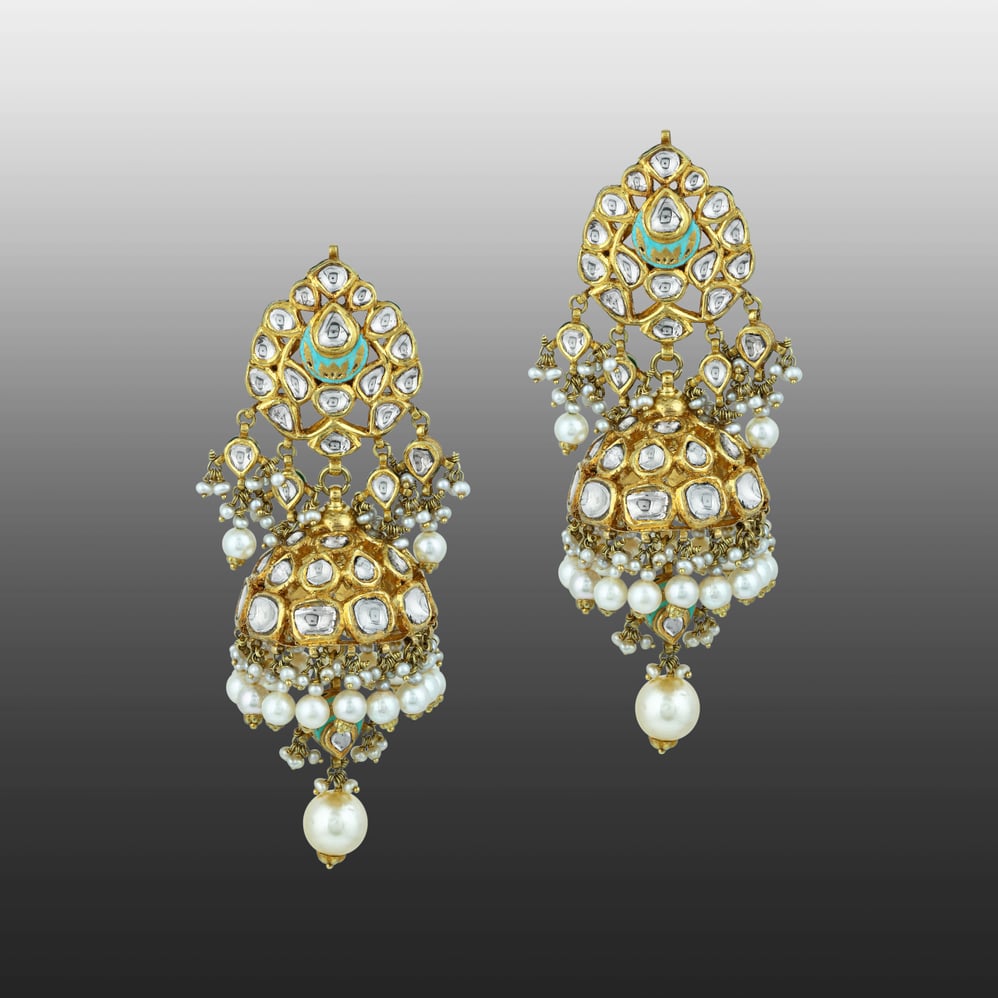 Mint Meenakari Necklace Set with Polki & Pearls