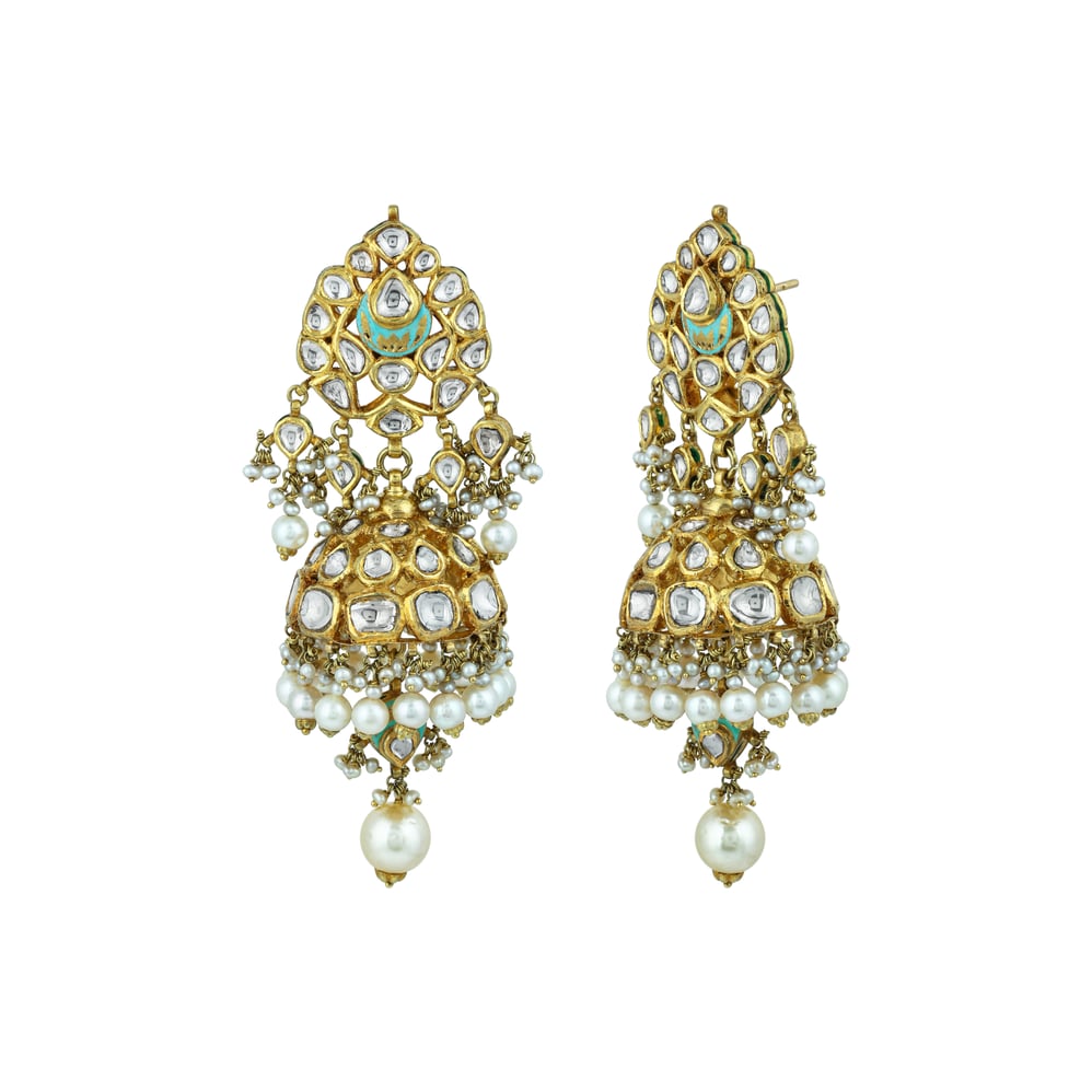 Mint Meenakari Necklace Set with Polki & Pearls
