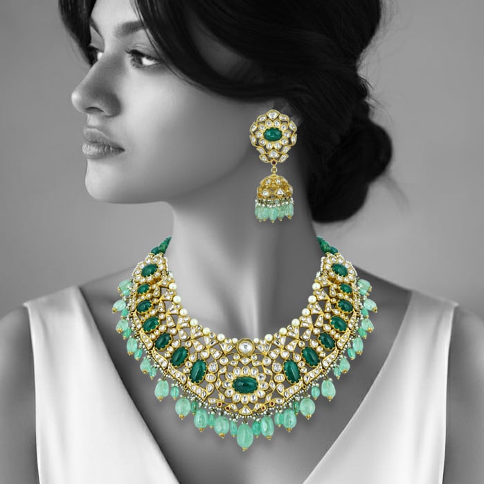 Green Cabochons & Polki Necklace Set with Pearl Accents