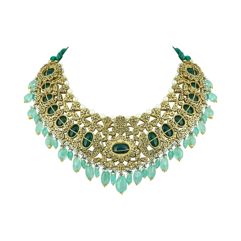 Green Cabochons & Polki Necklace Set with Pearl Accents