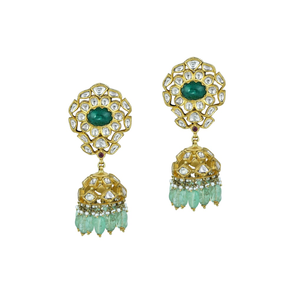 Green Cabochons & Polki Necklace Set with Pearl Accents