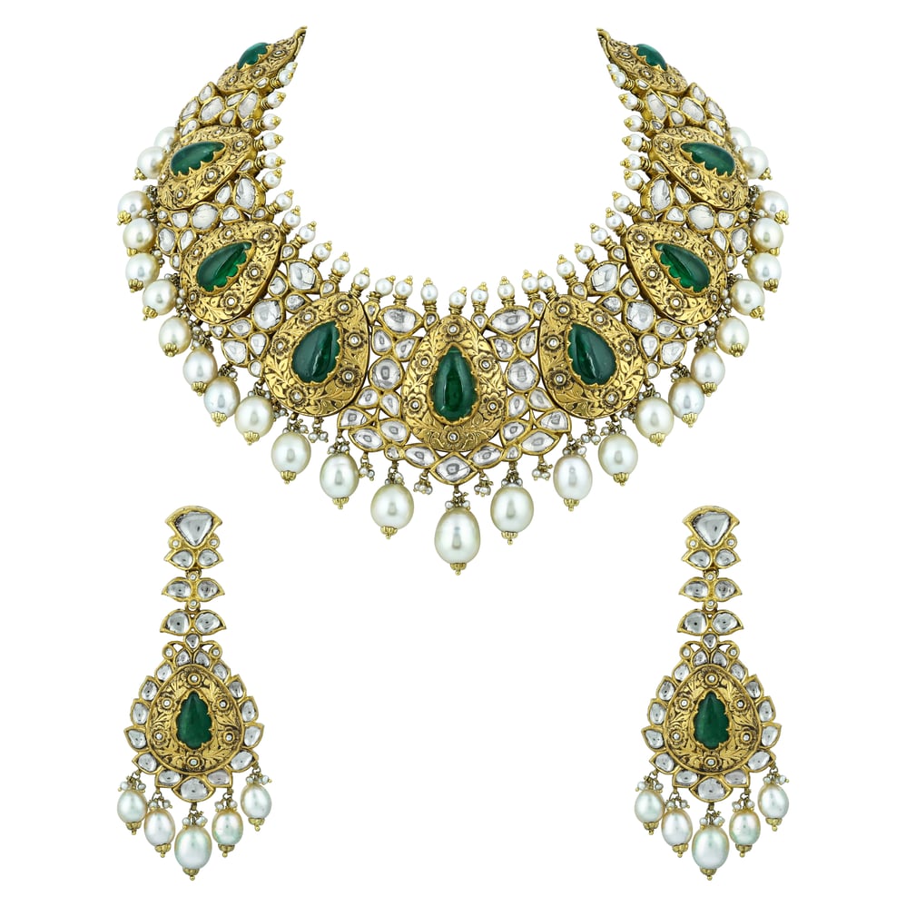 Partash Necklace Set with Uncut Diamonds and Green Pear Cabochons