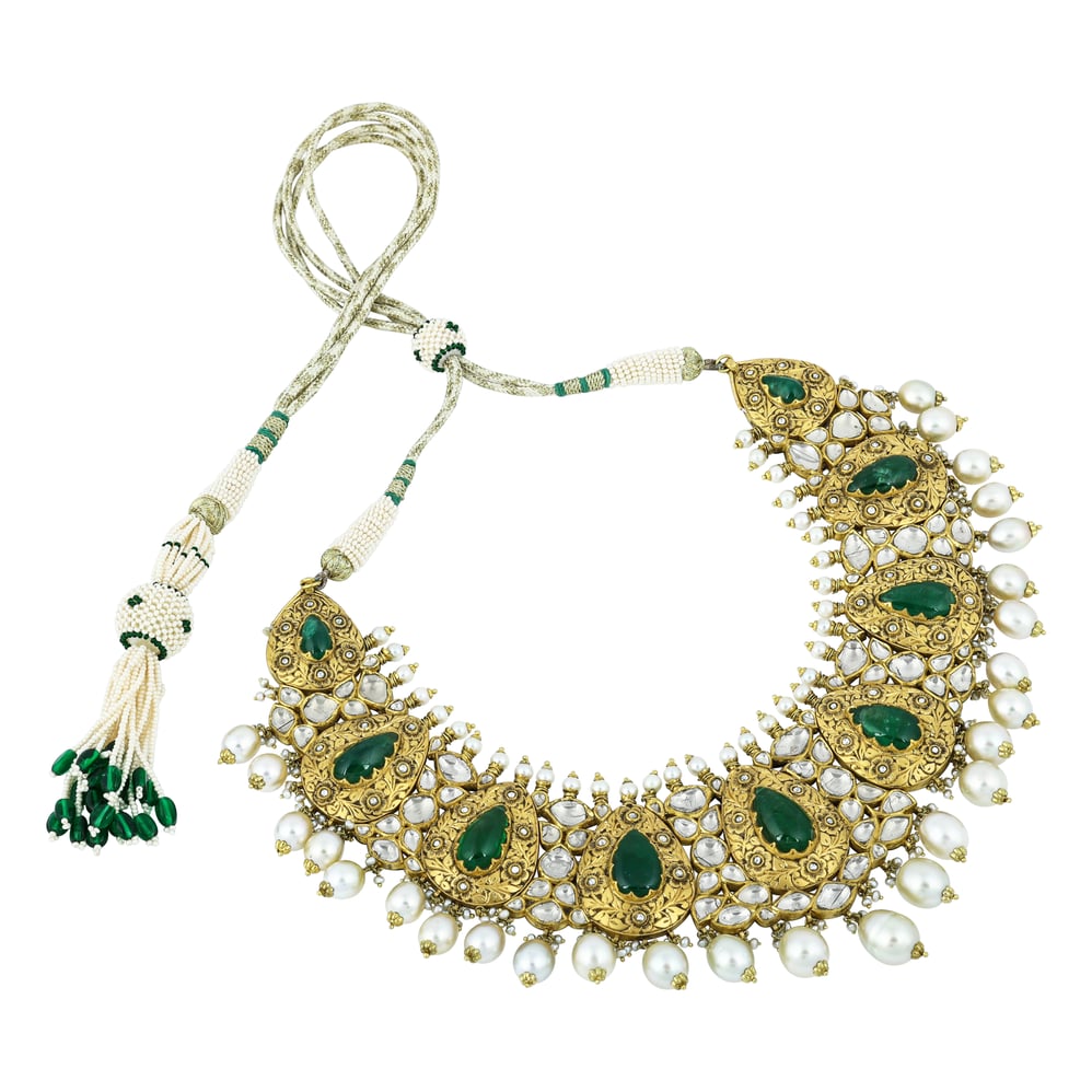 Partash Necklace Set with Uncut Diamonds and Green Pear Cabochons