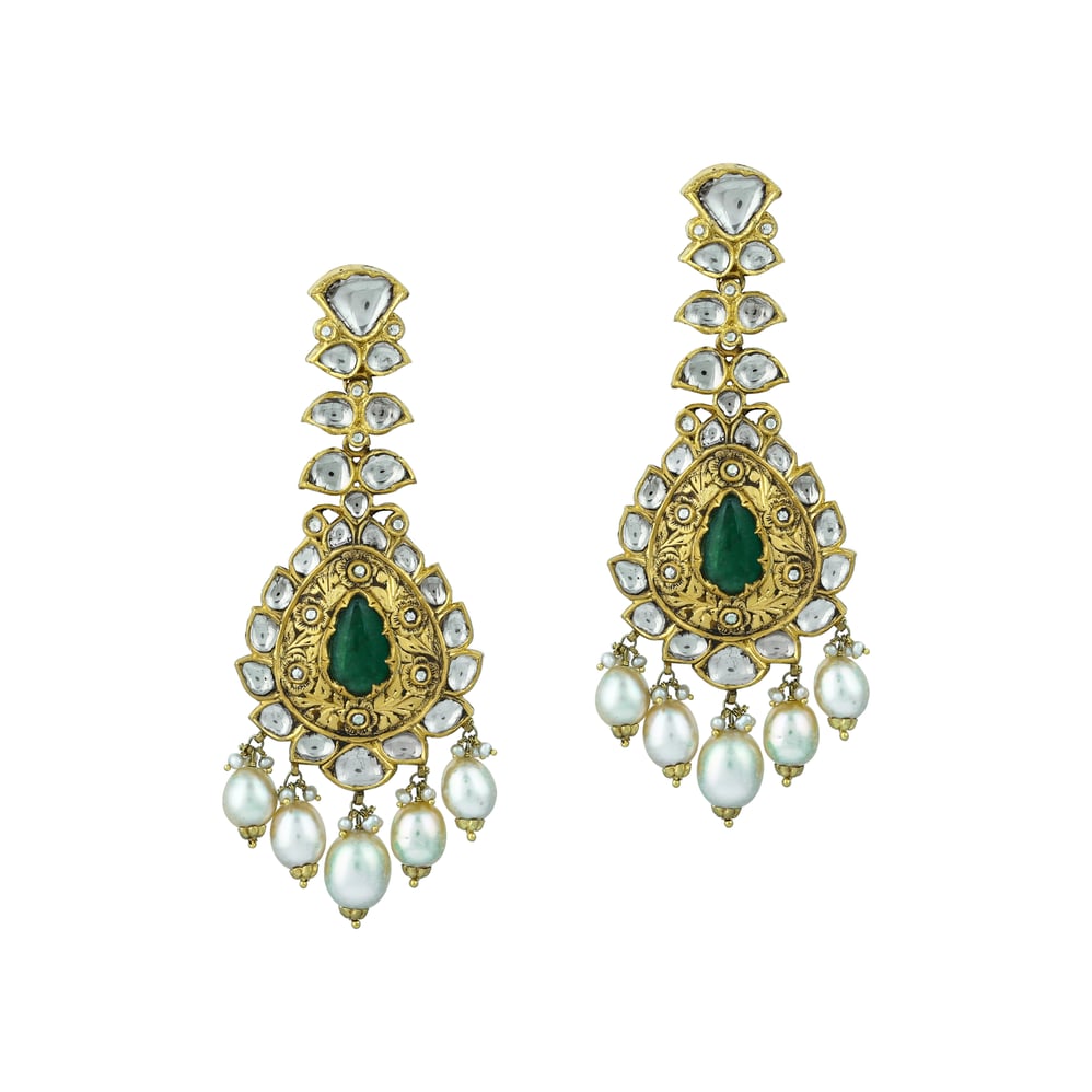 Partash Necklace Set with Uncut Diamonds and Green Pear Cabochons