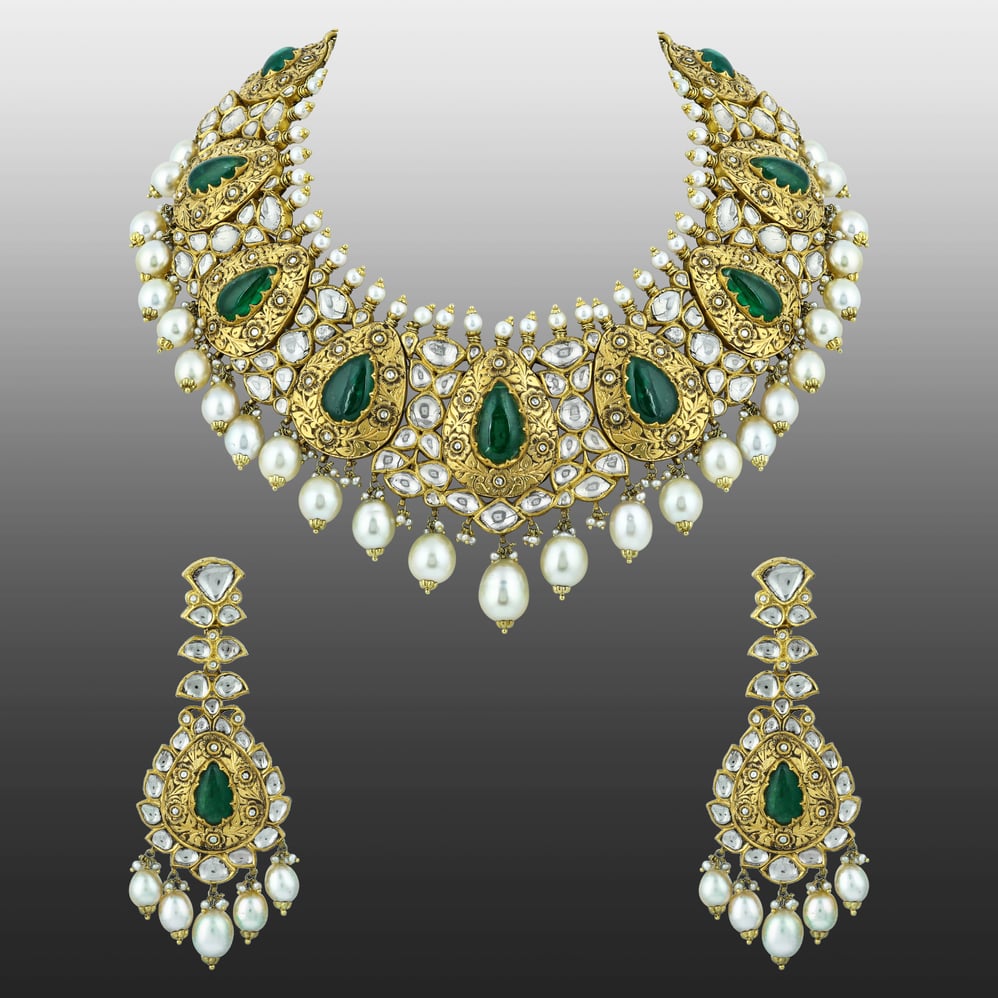 Partash Necklace Set with Uncut Diamonds and Green Pear Cabochons