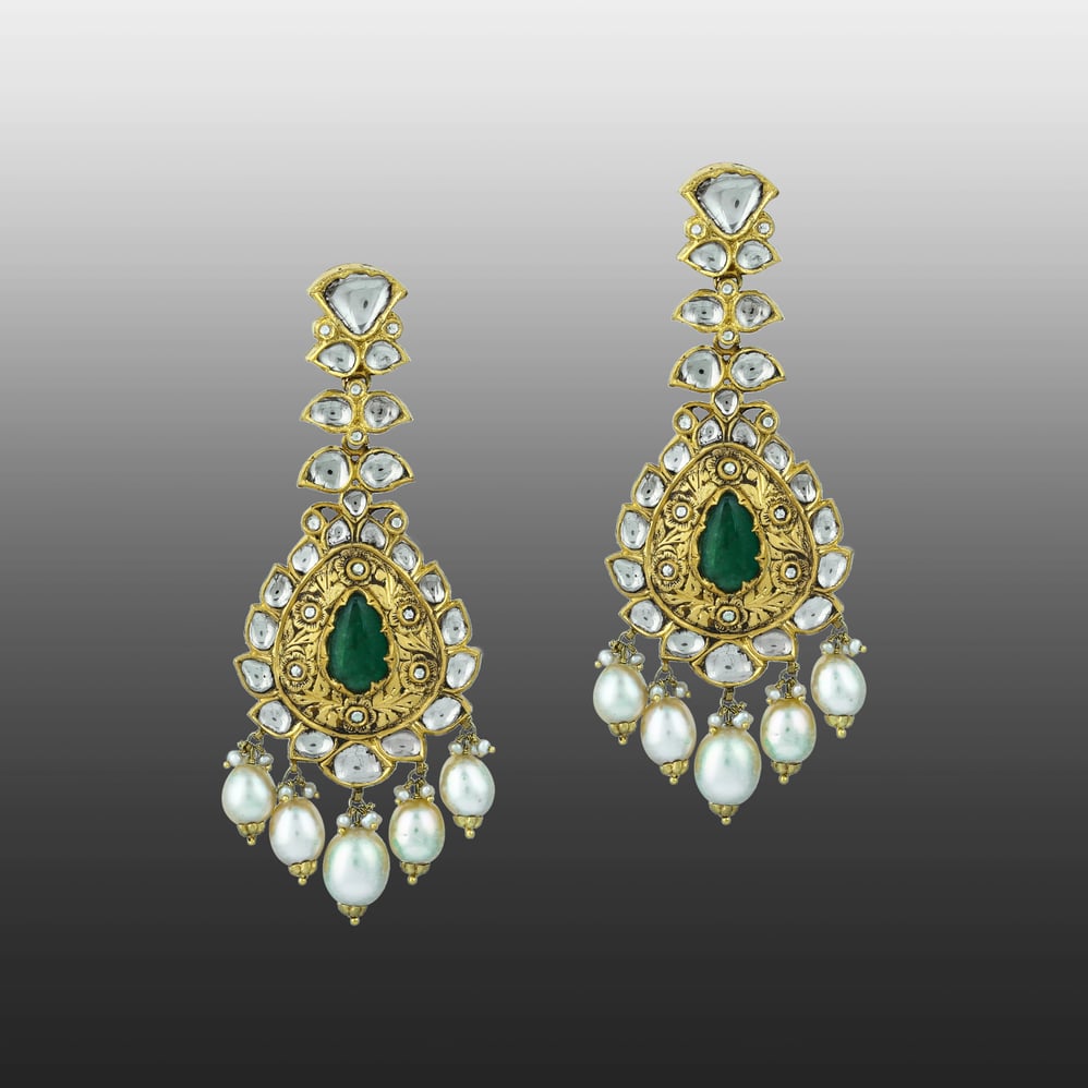 Partash Necklace Set with Uncut Diamonds and Green Pear Cabochons
