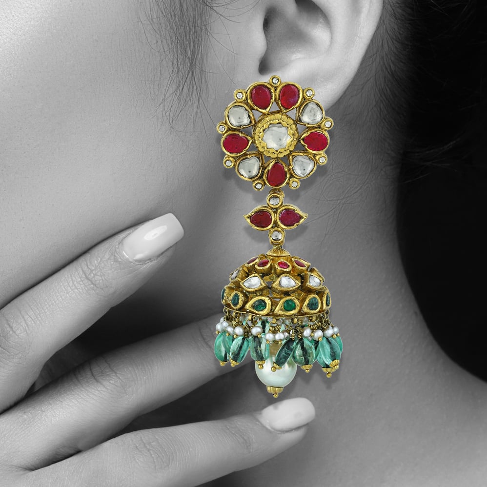 Green and Red Talaf Choker Set with Uncut Diamonds and Jhumkas