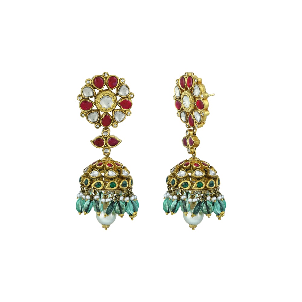 Green and Red Talaf Choker Set with Uncut Diamonds and Jhumkas