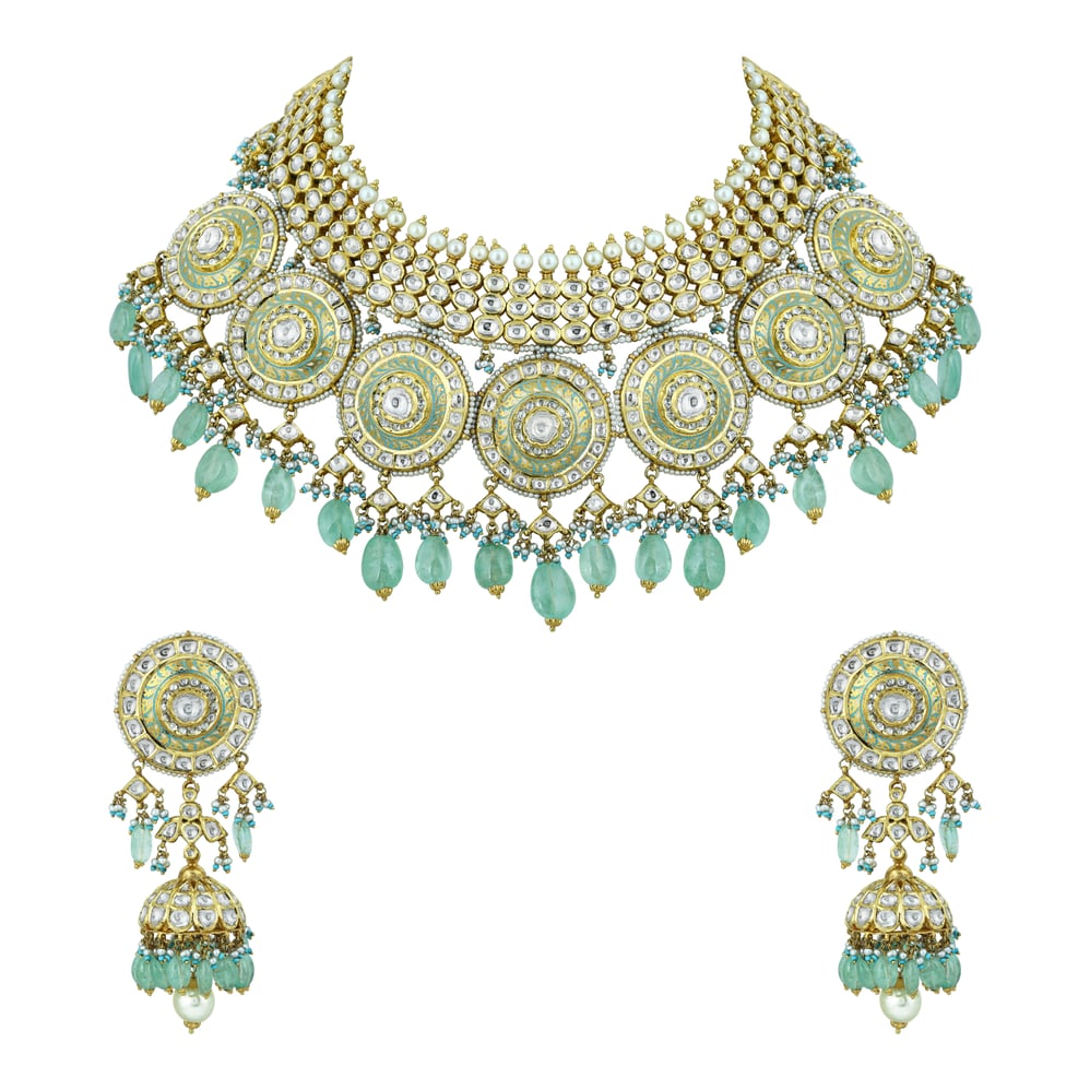 Meenakari Polki Necklace Set with Mint Green Drops and Pearls