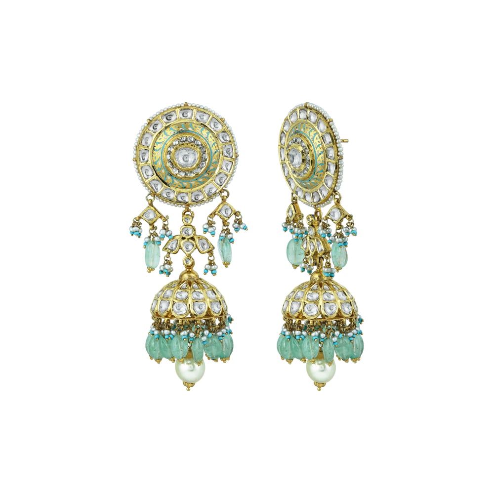 Meenakari Polki Necklace Set with Mint Green Drops and Pearls