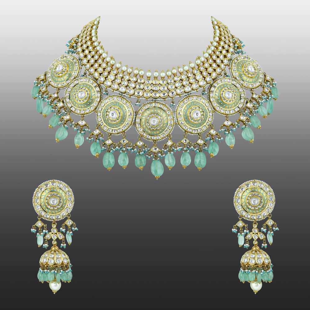 Meenakari Polki Necklace Set with Mint Green Drops and Pearls