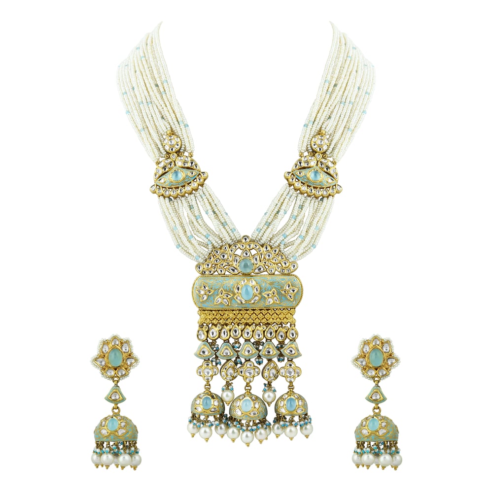 Multi-Strand Pearl Necklace Set with Polki Pendant and Blue Enamel