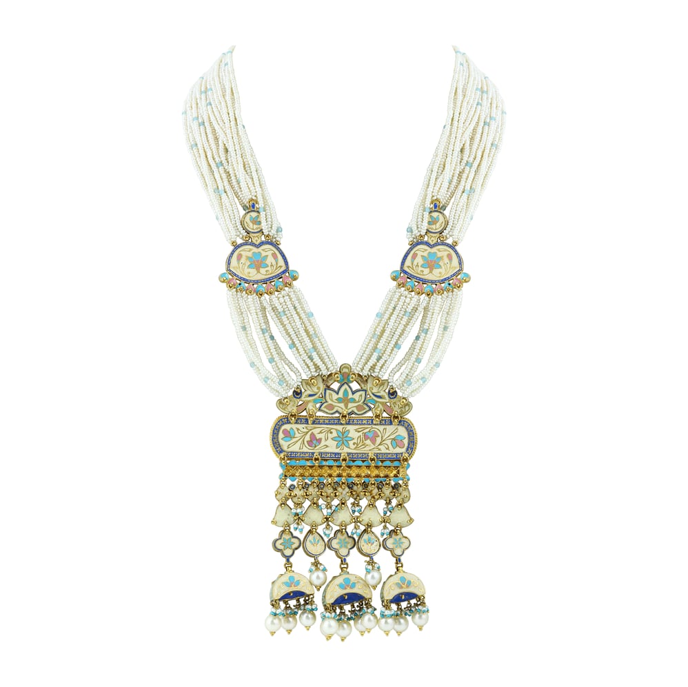 Multi-Strand Pearl Necklace Set with Polki Pendant and Blue Enamel
