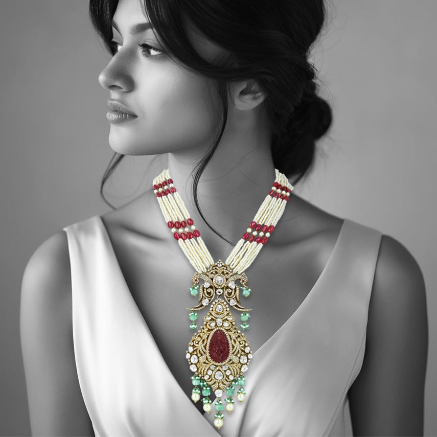 Carved Colourstone Polki Necklace with Pearl, Ruby, and Emerald Drops