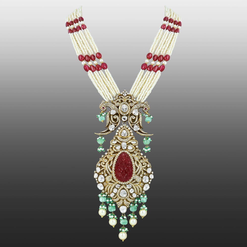 Carved Colourstone Polki Necklace with Pearl, Ruby, and Emerald Drops