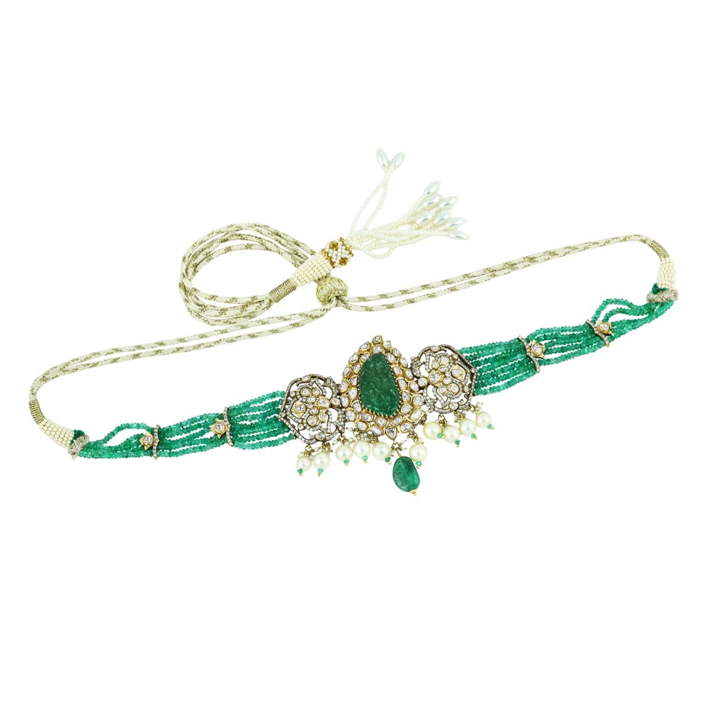 Carved Emerald Choker with Polki, Diamond Filigree, and Pearl Drops
