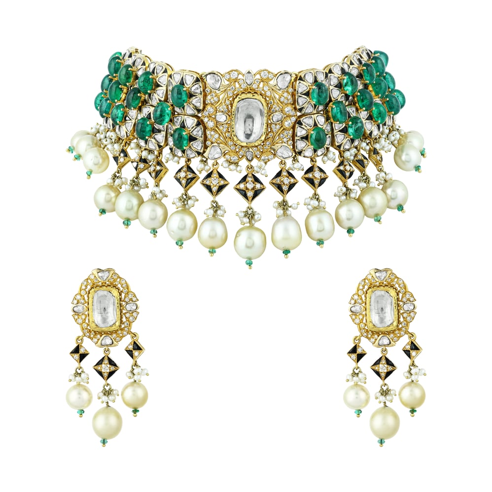 Emerald and Polki Diamond Choker with Pearl Drop Earrings