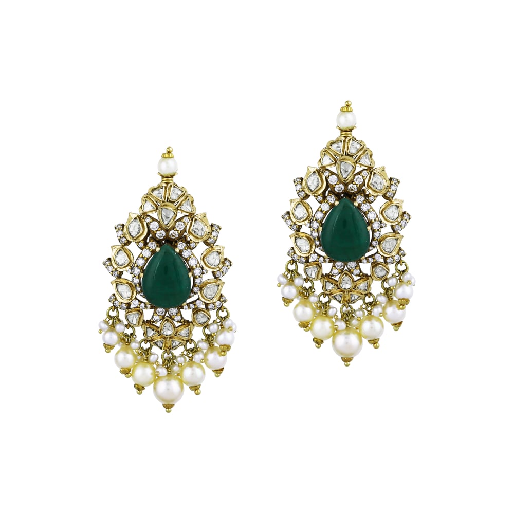 Emerald Drop Cabochon Choker Set with Polki Diamonds and Pearls