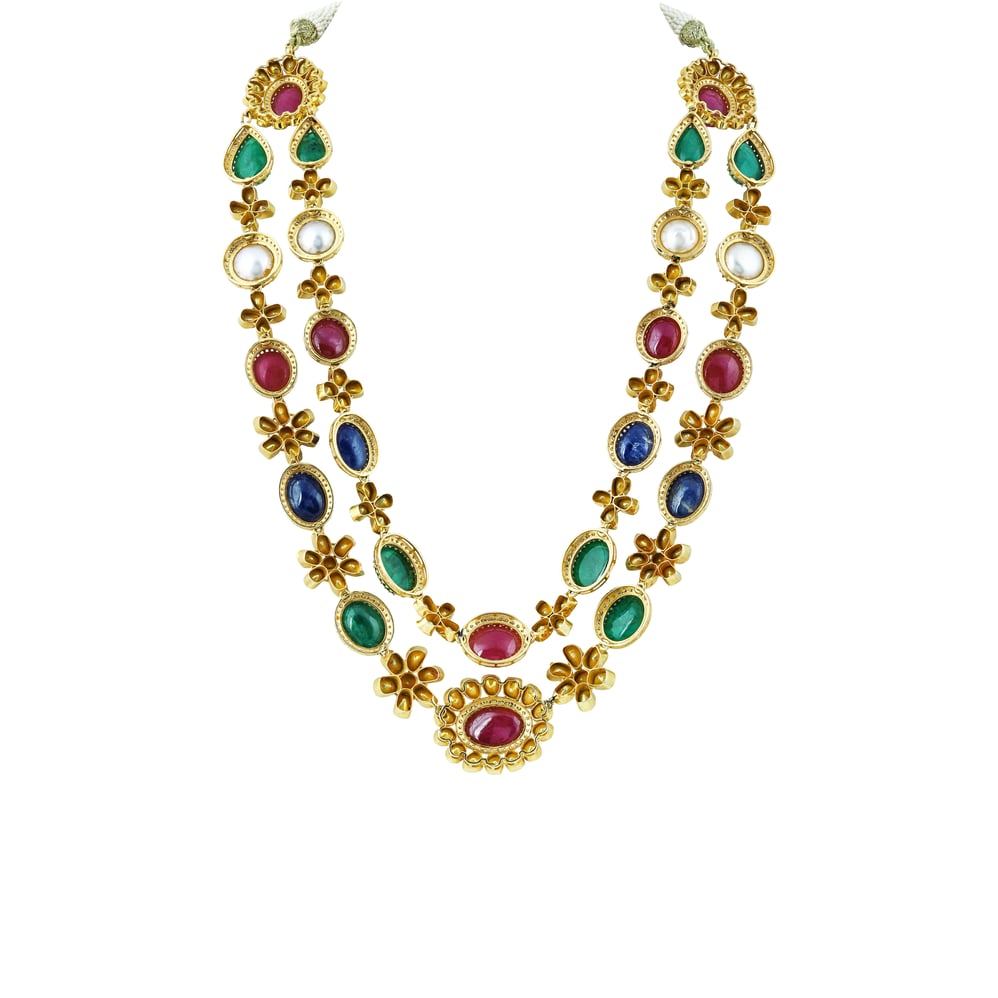 Navratan Necklace Set with Open Polki and Floral Motifs