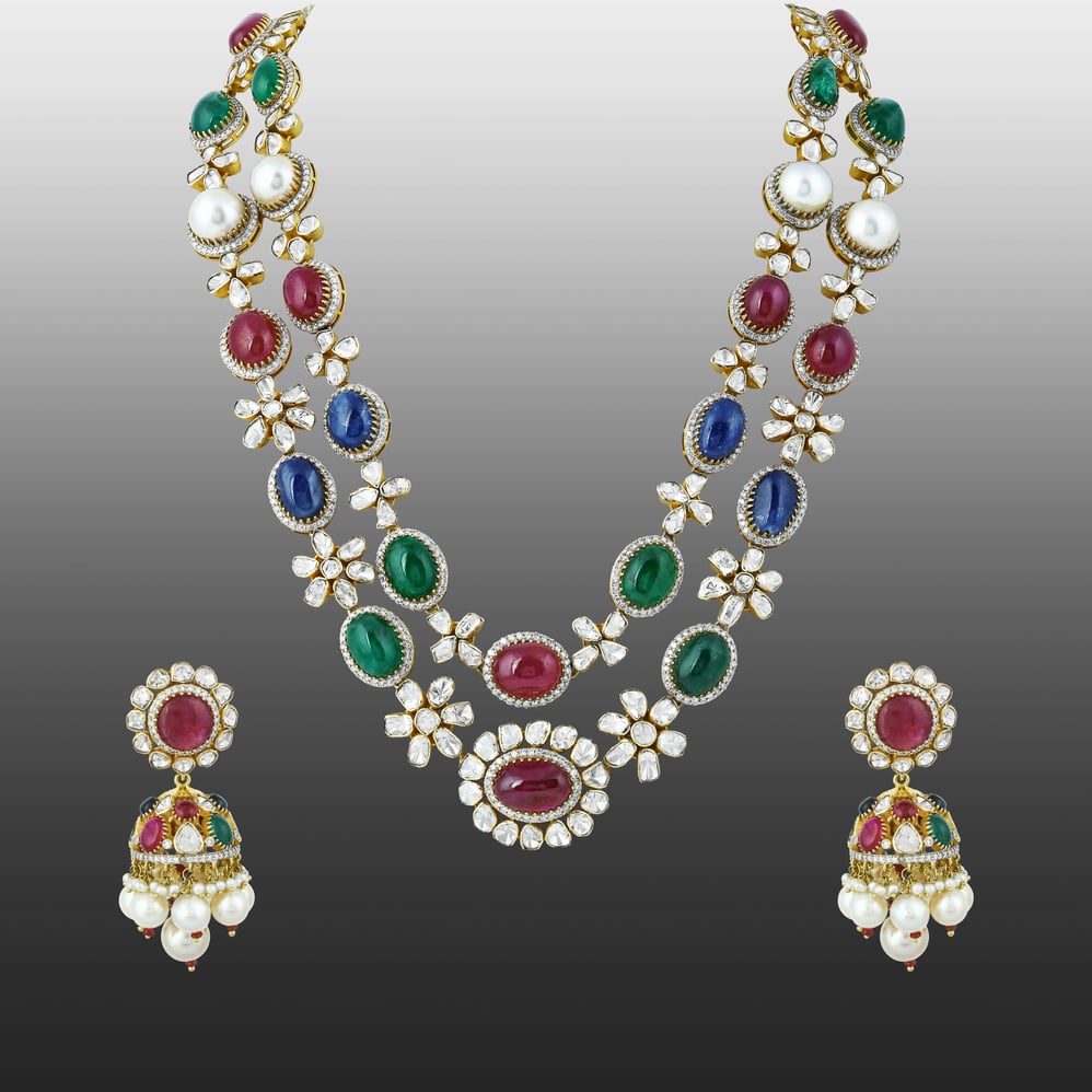 Navratan Necklace Set with Open Polki and Floral Motifs