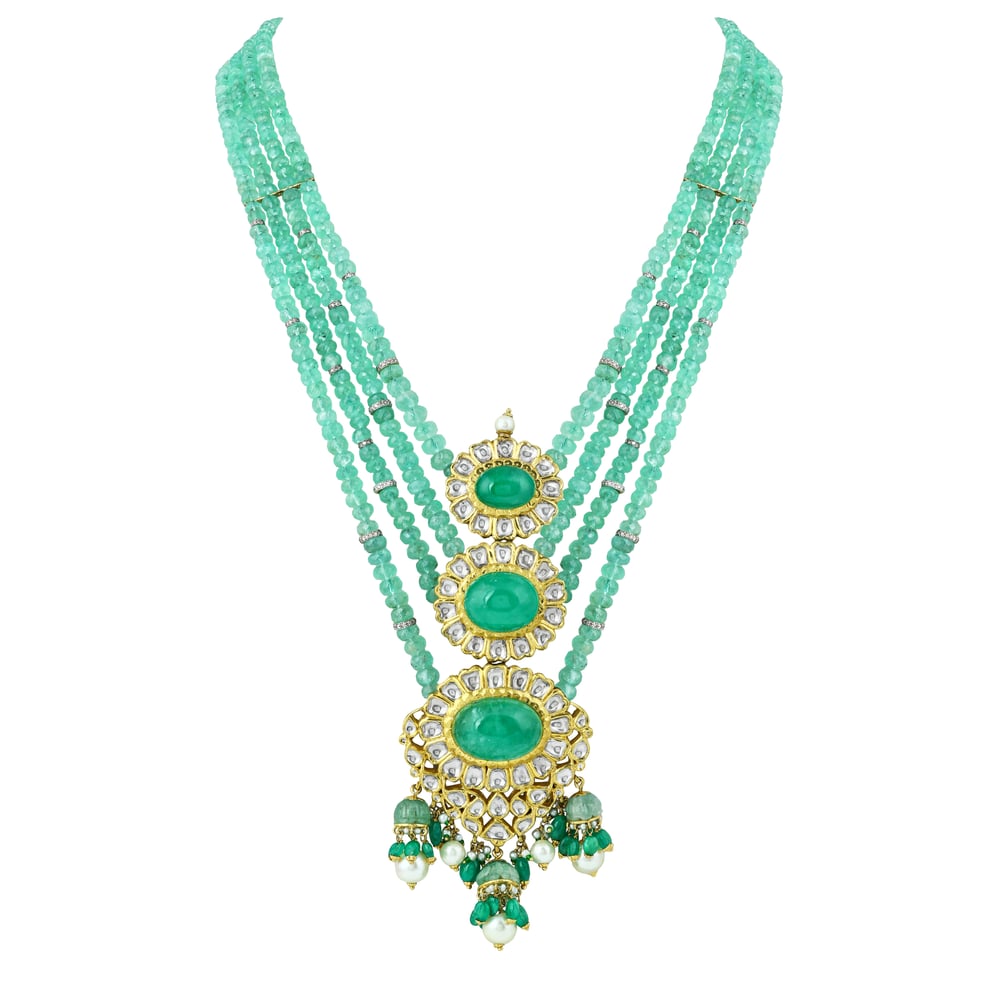 Triple Green Oval Necklace with Polki and Pearl Drops