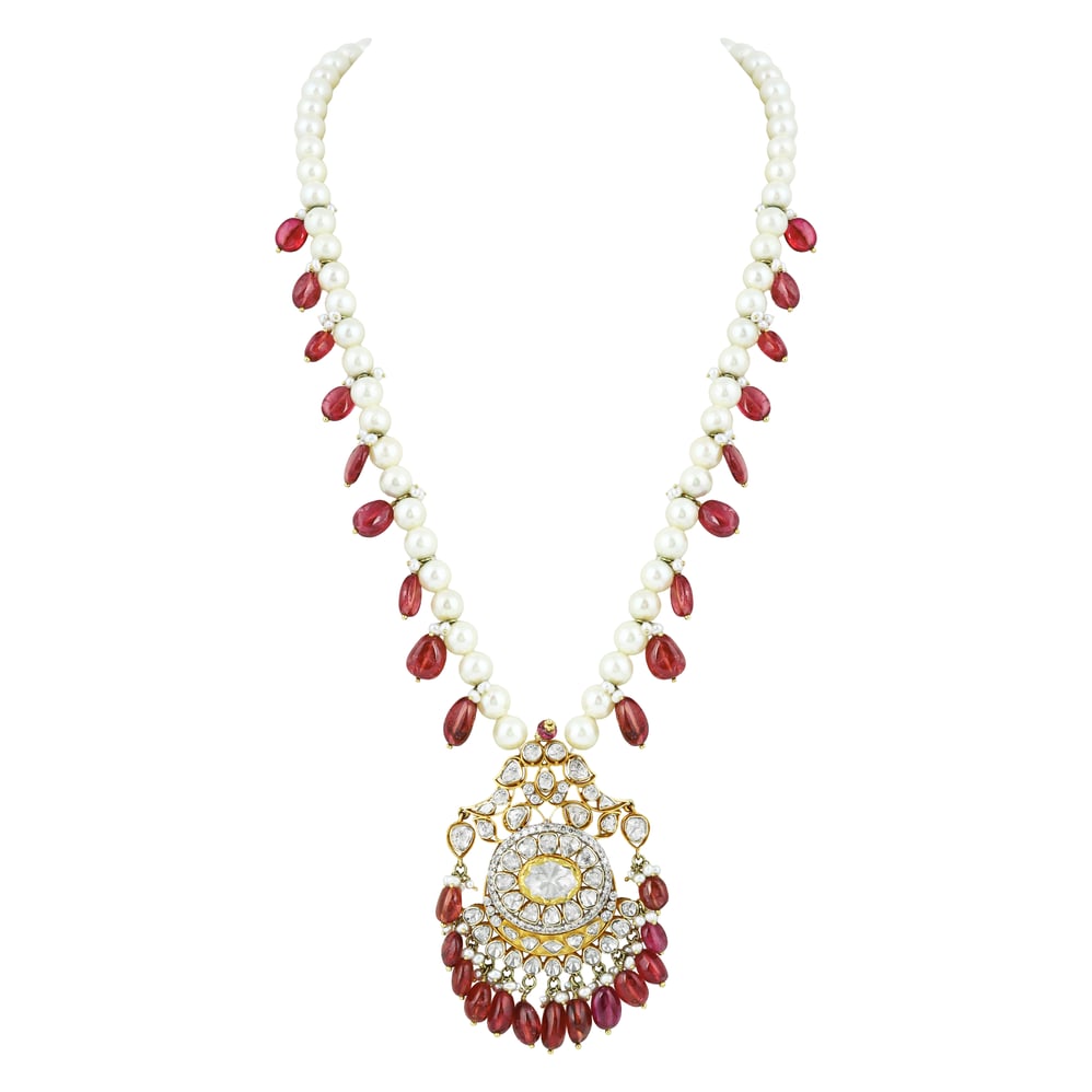Pearl Necklace with Tourmalines & Uncut Diamond Pendant