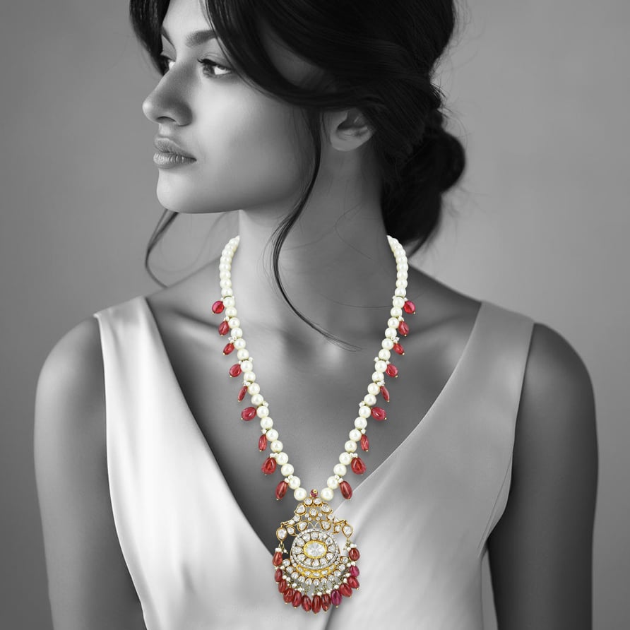 Pearl Necklace with Tourmalines & Uncut Diamond Pendant